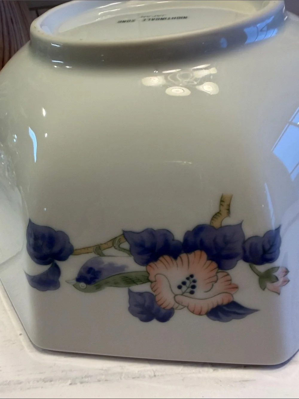 Octagonal Floral Porcelain Serving Bowl - Blue & Green